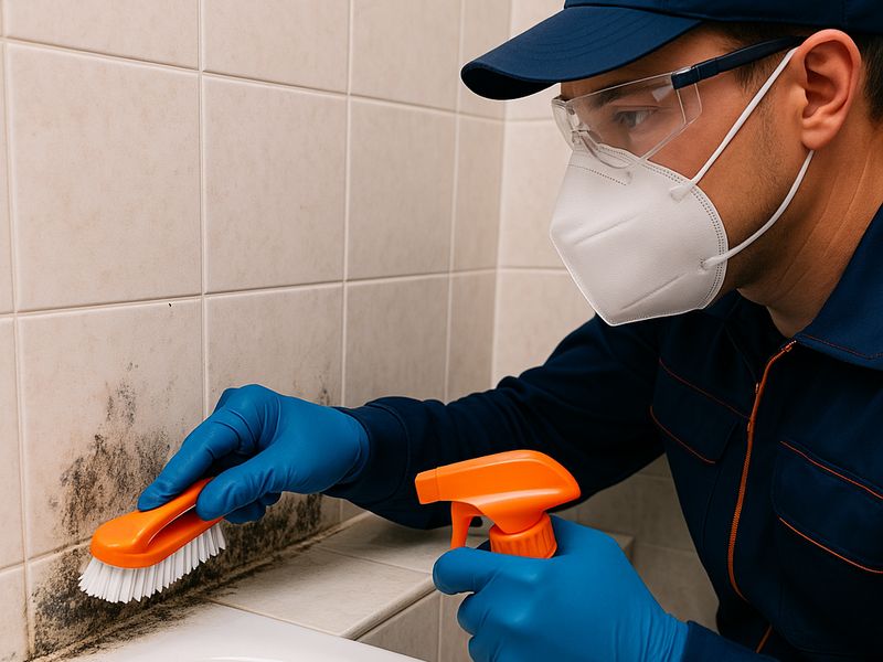 Technician cleaning mold from bathroom tile